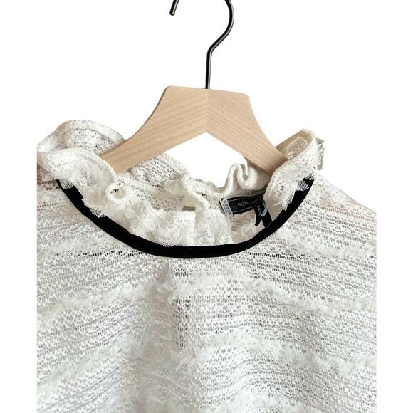 BCBGMaxazria Ruffle Mock Neck Short Sleeve Sheer Lace Blouse Top White Black - L - Picture 6 of 11